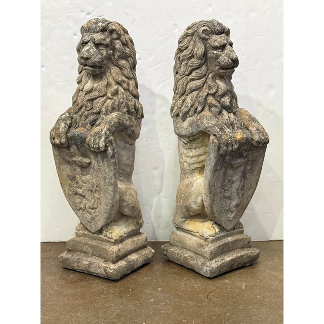 Pair of Cast Stone Armorial Lion Garden Statues From England - Two Available For Sale - Image 4 of 15