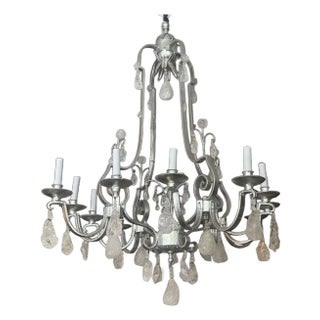 1950's French Rock Crystal Chandelier With Silver Leaf Finish For Sale