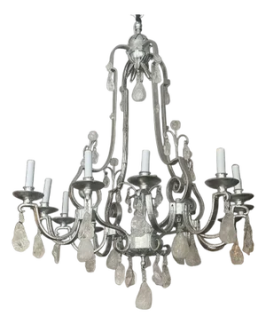 1950's French Rock Crystal Chandelier With Silver Leaf Finish