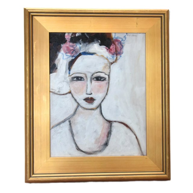 Gold Chic French Woman Portrait Painting by Ruth Arenz Including the Antiqued Gold Wood Frame For Sale - Image 8 of 8