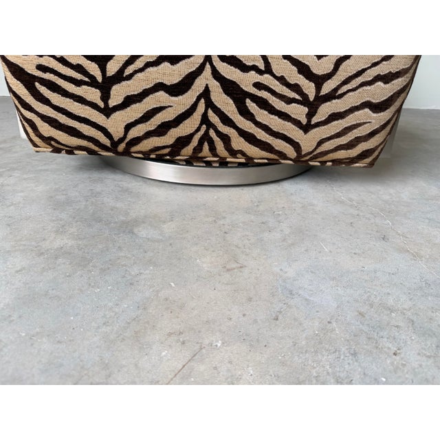 Metal Thayer Goggin “Zac” Zebra Print Swivel Lounge Chair in Brushed Stainless Steel For Sale - Image 7 of 12