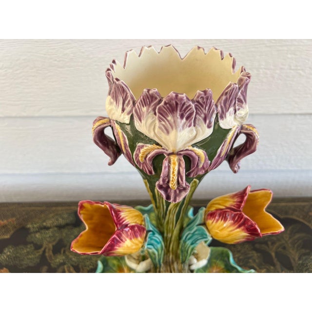 Art Nouveau Antique French Majolica Vase Centerpiece Onnaing Art Nouveau Iris Tulip C1900 For Sale - Image 3 of 18