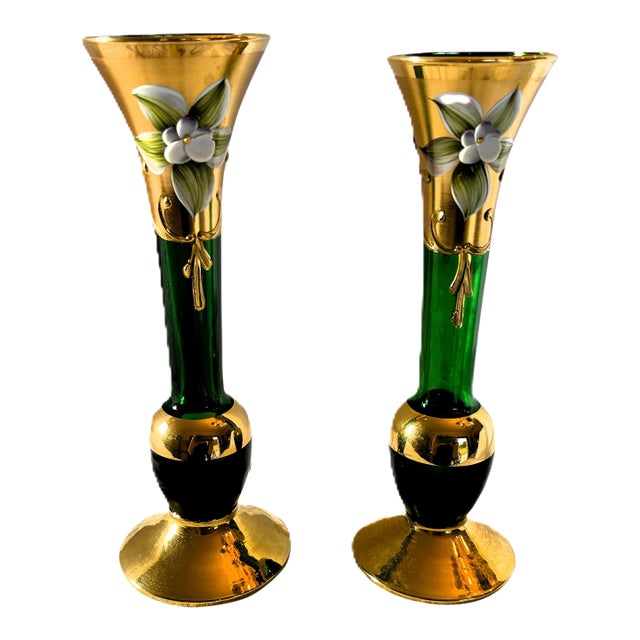 Late 20th Century Murano “Tre Fuochi Florals” Enamel Gold Bud Vase Pair For Sale