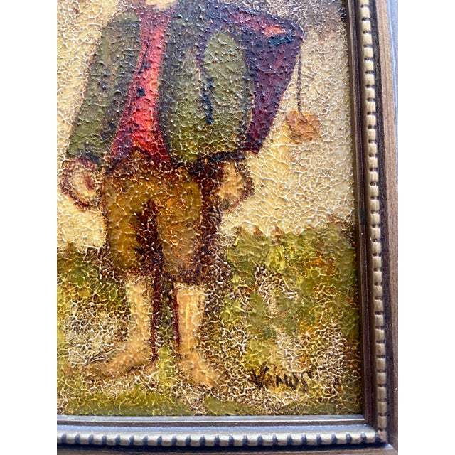 Folk Art Mid 20th Century Ruth Vamos Signed Folk Art 5x7 Painting of Child With Satchel, Framed For Sale - Image 3 of 4