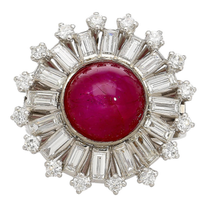 1990s 7.40 Carat Purplish Red Star Ruby & Diamond Art Deco Ballerina Ring, Size 6