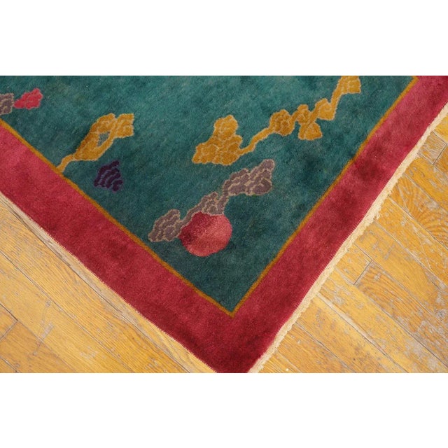 1920s Green Garden Landscape Antique Chinese Art Deco Carpet 2' 6'' X 4' 5'' Knotted Wool Rug For Sale - Image 10 of 10