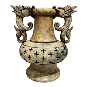 1950s Chinese Double Dragon Hand Carved Vase Alabaster Stone
