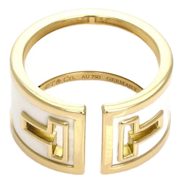 Tiffany & Co. T Cut White Ceramic 18k Yellow Gold Wide Band Ring - Size 6 For Sale