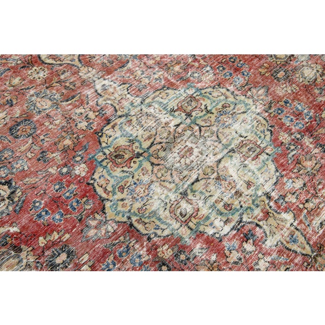 Ruby Red Antique Distrssed Persian Tabriz Wool Rug For Sale - Image 8 of 9