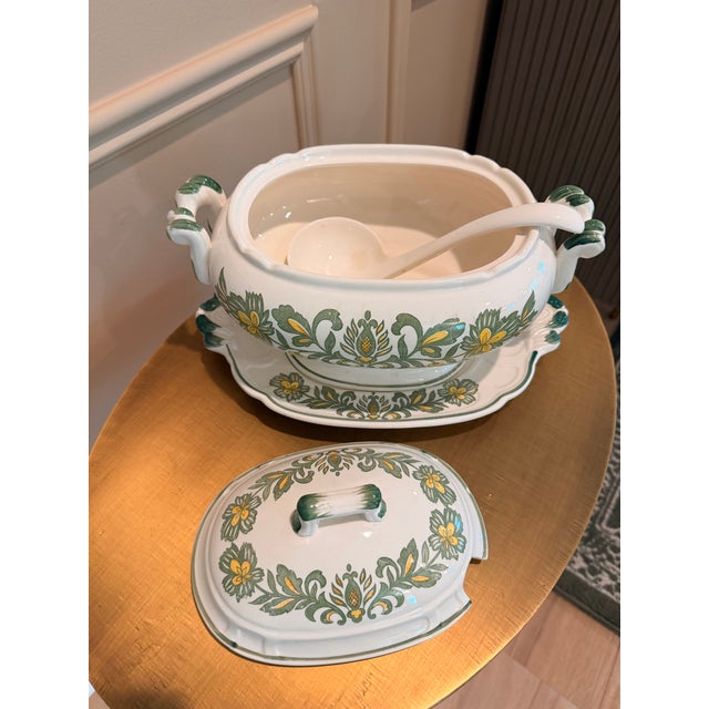 Mid 20th Century Vintage Green & Yellow Floral Faience Soup Tureen With Underplate and Ladle For Sale - Image 5 of 5