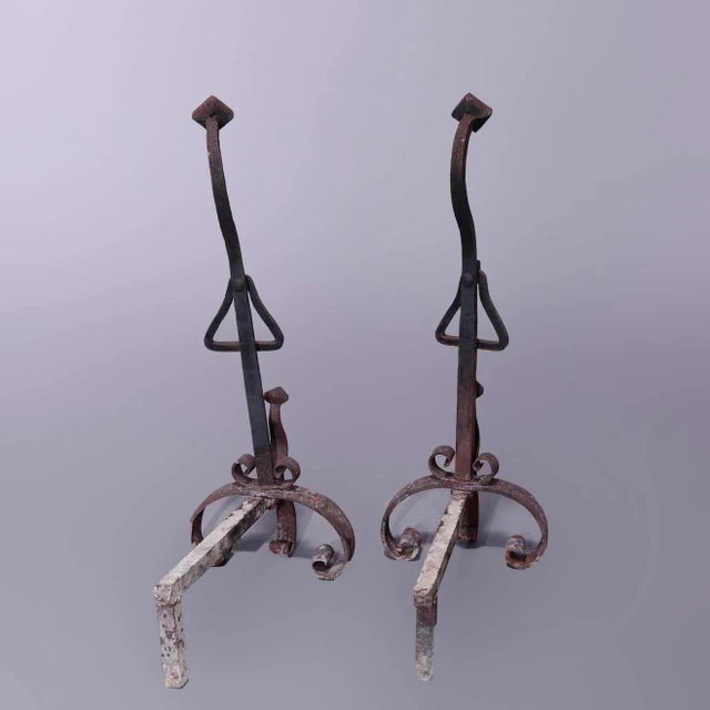 Circa 1900 Antique Large Arts & Crafts Yellin School Wrought Iron Andirons- a Pair For Sale - Image 4 of 9