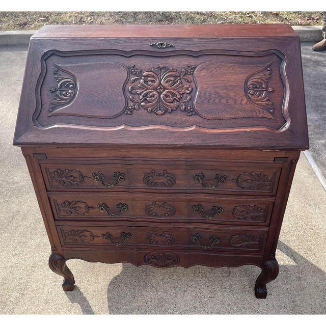 Beautiful carved front French Secretary desk with three drawers, drop front and fitted interior. And I do have the key!