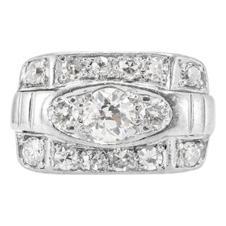 Antique 14k White Gold 1.57ctw Old Euro Cut Diamond Three Stone Engagement Ring, Size 7 For Sale