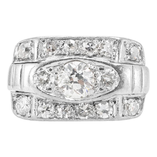 Antique 14k White Gold 1.57ctw Old Euro Cut Diamond Three Stone Engagement Ring, Size 7 For Sale