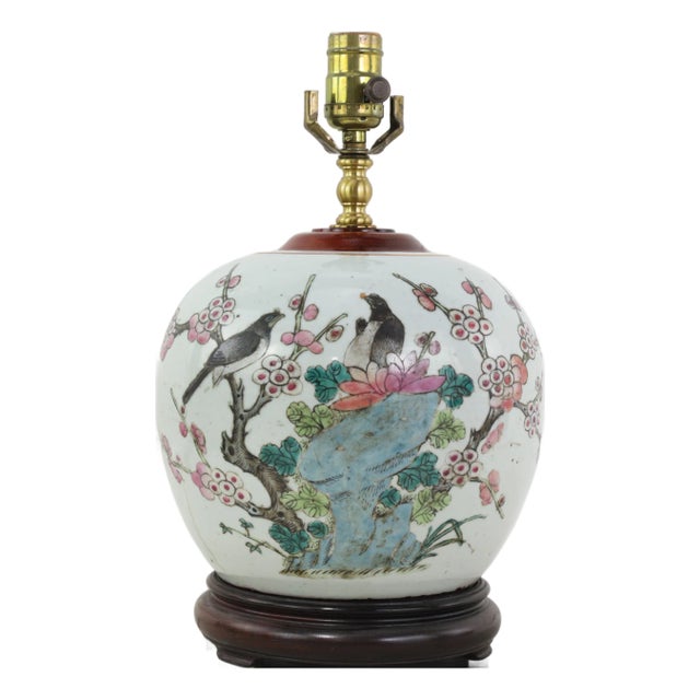 Antique Famille Rose Porcelain Vase Lamp With Birds on Flowering Plum Branches and Rockery For Sale