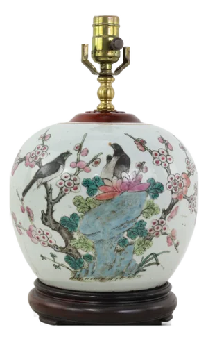 Antique Famille Rose Porcelain Vase Lamp With Birds on Flowering Plum Branches and Rockery
