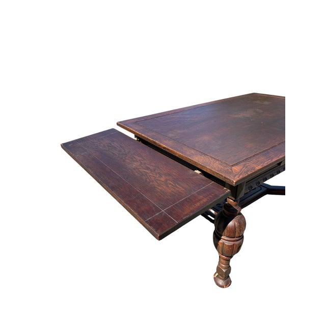 Early 20th Century Jacobean Revival Carved Oak Draw-Leaf Dining Table For Sale In Charlotte - Image 6 of 12