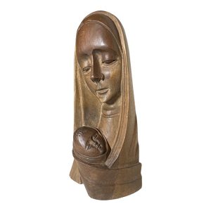 Vintage Hand Carved Wood Religious Virgin Mary Jesus Bust Statue Sculpture Art