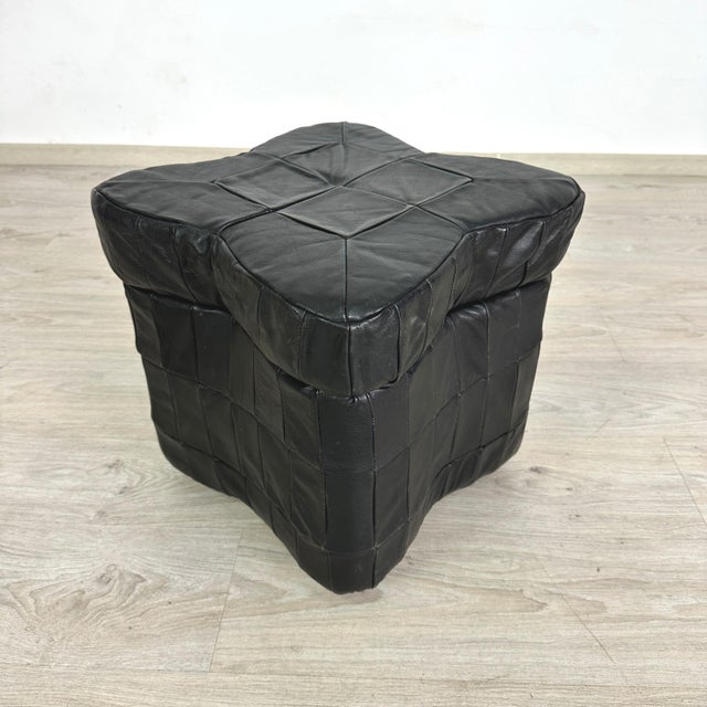 Mid-Century Modern Black Leather Pouf For Sale - Image 3 of 5