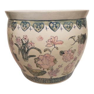 Vintage Chinese Chinoiserie Famille Rose Jardiniere Fish Bowl Planter For Sale