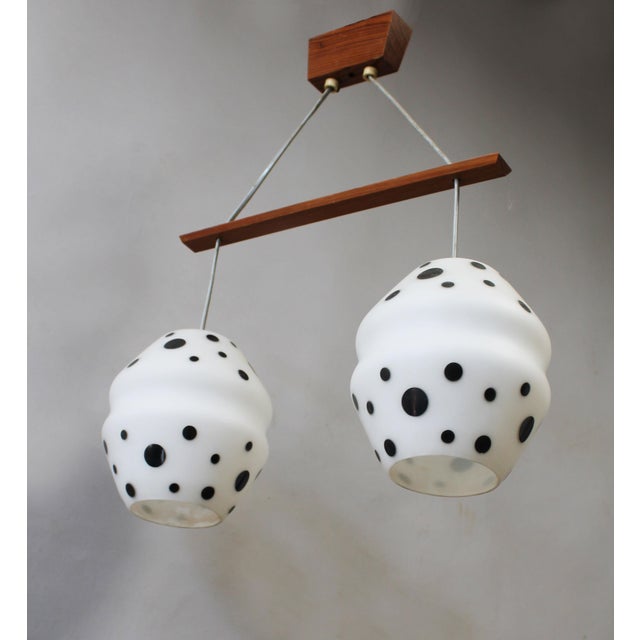 Mid-Century Modern Vintage Czechoslovak Double Pendant Light in Spotted Opaline Glass and Wood, 1960s For Sale - Image 3 of 10