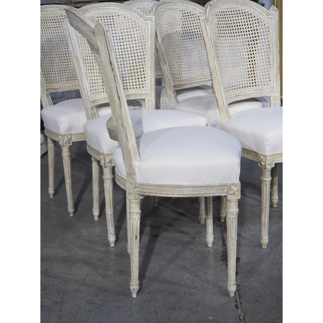 French Set of 6 Painted and Caned French Louis XVI Style Dining Chairs, Early 1900s For Sale - Image 3 of 18