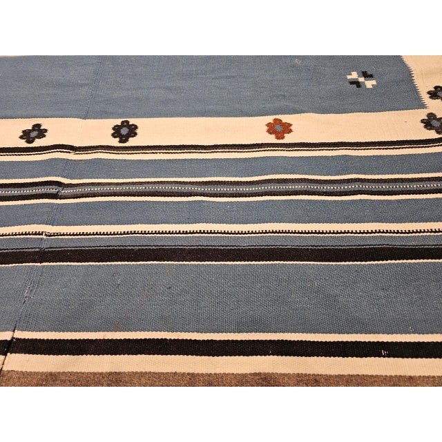 American Vintage Southwestern Texcoco Saltillo Blanket Kilim, Mexican Deity Motif, Royal Blue, 4x6 For Sale - Image 3 of 16