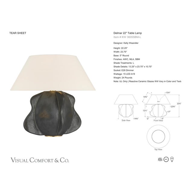 Kelly Wearstler by Visual Comfort Signature Delmar 22" Table Lamp in Stained Black Metallic with Linen Shade Designer:...