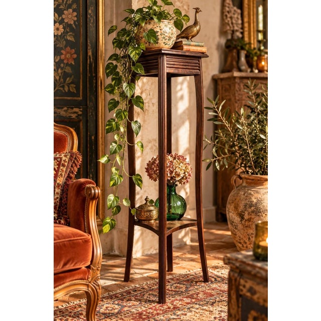 An elegant English Arts & Crafts style plant stand, dating from the 1900s, crafted from solid wood with a dark brown stain...