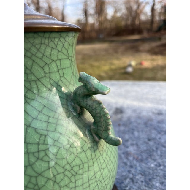 Ceramic Mid 20th Century Celadon Crackle Vase Table Lamp With Dragon Handles For Sale - Image 7 of 9