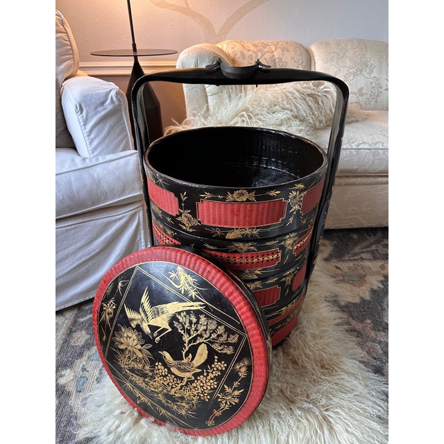 Antique Hand-Woven Chinese Wedding Basket With Lacquered Layers For Sale - Image 4 of 18