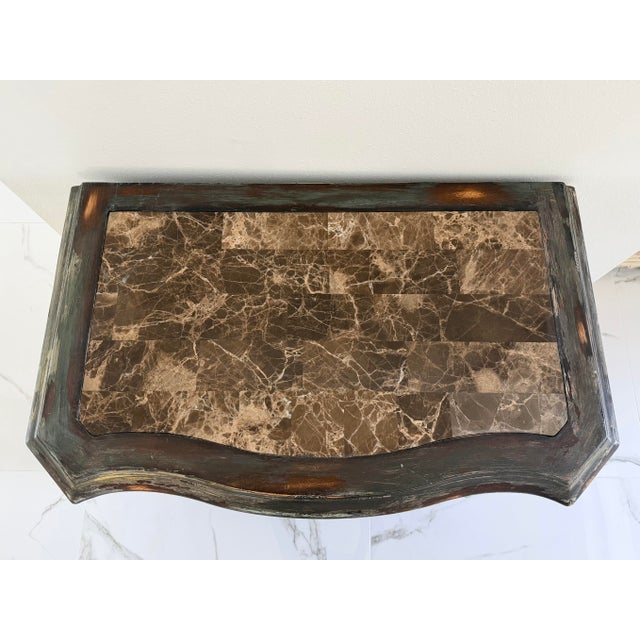 2000 - 2009 Vintage French Provincial Distressed Green Bombe Chest of Drawers With Marble Top For Sale - Image 5 of 8