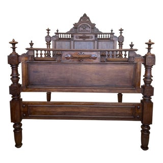 Antique French Louis XVI Style Full/Queen Size Walnut Carved Bed Frame Baroque For Sale
