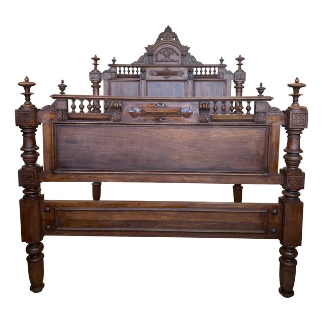 Antique French Louis XVI Style Full/Queen Size Walnut Carved Bed Frame Baroque For Sale