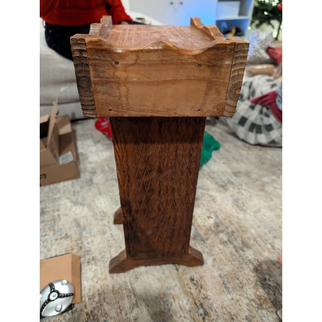 Metal 1970s Spanish Mediterranean Brutalist Carved Pine Pedestal Side Table For Sale - Image 7 of 11