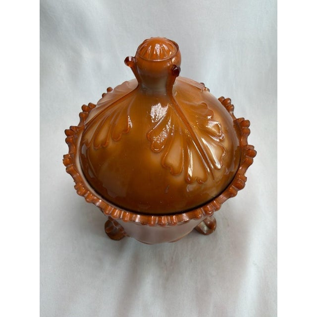 Glass Antique Greentown Chocolate Slag Glass Leaf and Bracket Footed Covered Sugar Bow For Sale - Image 7 of 8