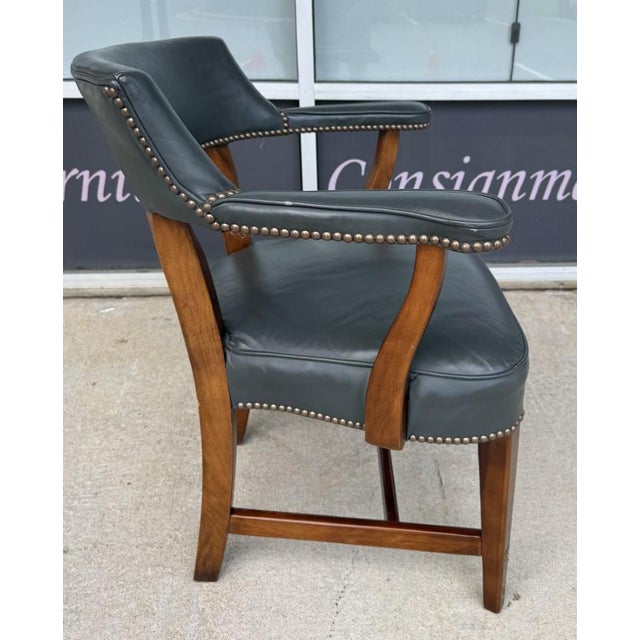 Vintage Blue Leather Office Chair With Nailhead Trim For Sale In Raleigh - Image 6 of 14