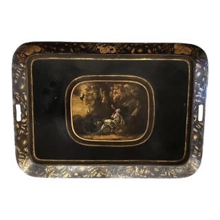 Antique Early 19th C Regency Black Lacquer Tole Tray W Unusual Roman Scene For Sale