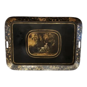 Antique Early 19th C Regency Black Lacquer Tole Tray W Unusual Roman Scene