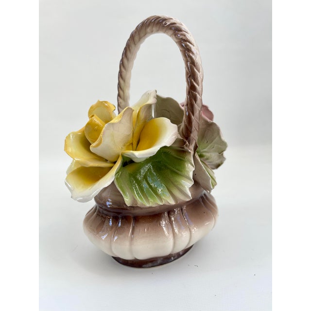 Capodimonte Vintage Italian Capodimonte Pink & Yellow Roses Porcelain Centerpiece Basket For Sale - Image 4 of 9