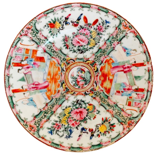 Beautiful antique, turn of the 20th Century hand-painted Rose Medallion plate hand-decorated with four panels; two are...