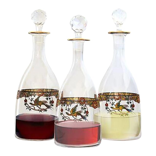 French Enameled Liquor Decanters, S/3 For Sale