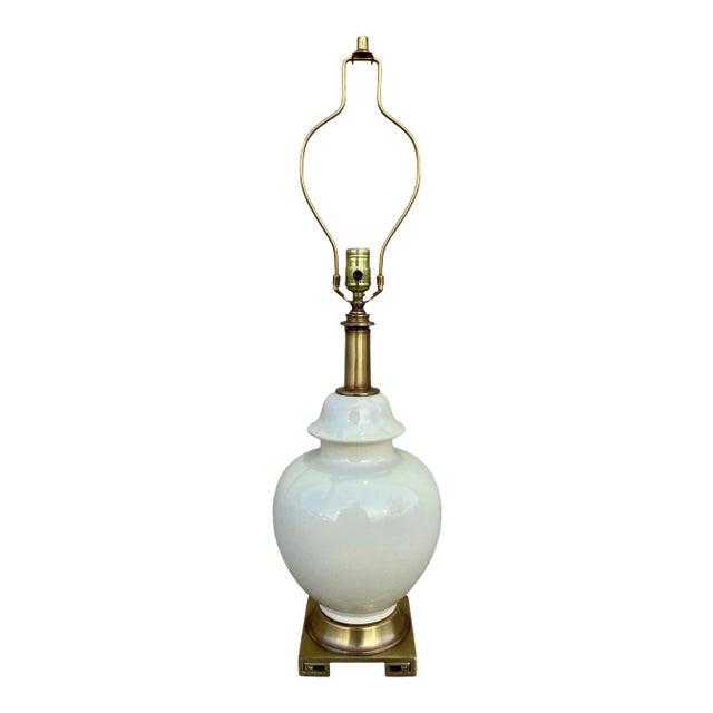 Hollywood Regency Porcelain Ginger Jar Lamp Greek Key Solid Brass Base For Sale
