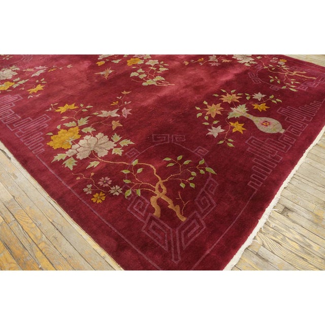 1920s Deep Red Field Floral Greek Key Antique Chinese Art Deco 8'10" X 11'6" Rug For Sale - Image 4 of 9