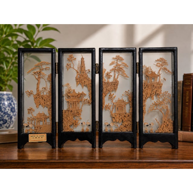 Mid-Century Chinese SAN YOU Cork Carving Four-Panel Tabletop Screen Vintage Chinese four-panel tabletop screen featuring...