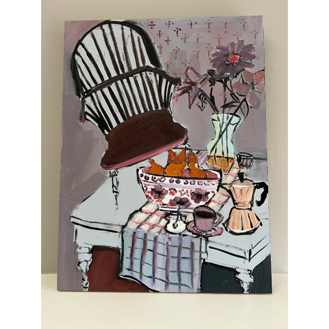 Original oil painting on cradled wood panel, this piece is folksy, rustic and whimsical. I love the colors and the yellow-...