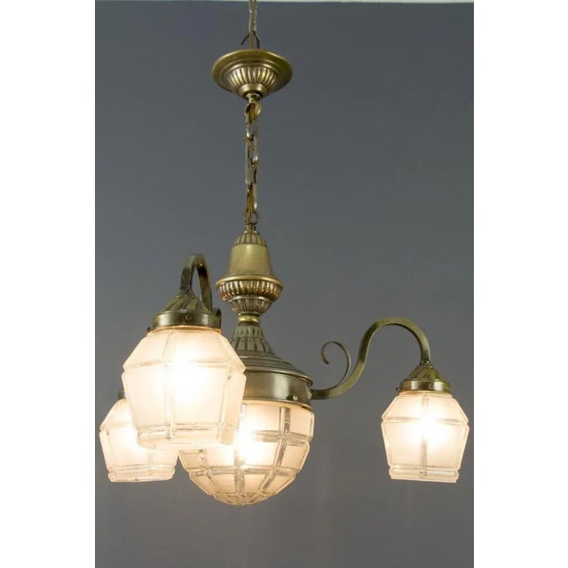 1920s Art Deco French Brass & Frosted Glass 4-Light Chandelier, 1920s For Sale - Image 5 of 18
