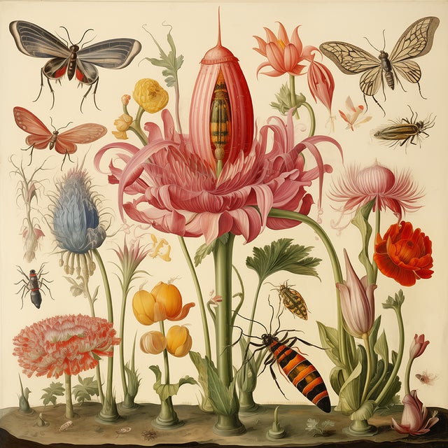 Insects and Flowers – Natural History Fine Art Print This captivating fine art print reproduces a richly detailed natural...