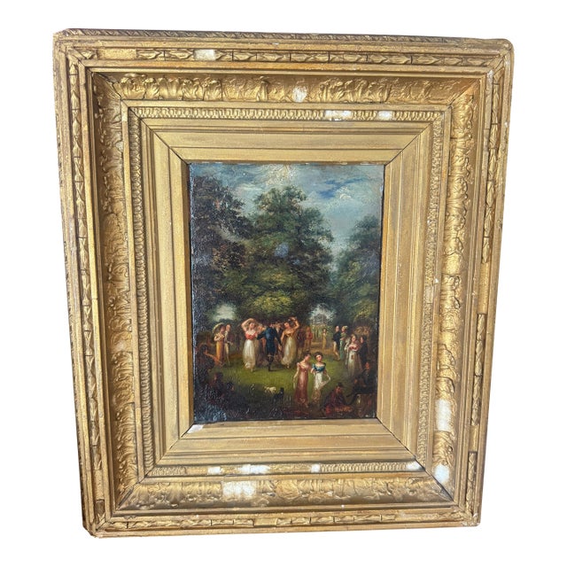 Antique Early 19th Century Fête Champêtre, Oil on Copper — Regency Figures Dancing in a Park, Period Giltwood Frame, For Sale