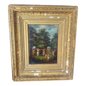 Antique Early 19th Century Fête Champêtre, Oil on Copper — Regency Figures Dancing in a Park, Period Giltwood Frame,